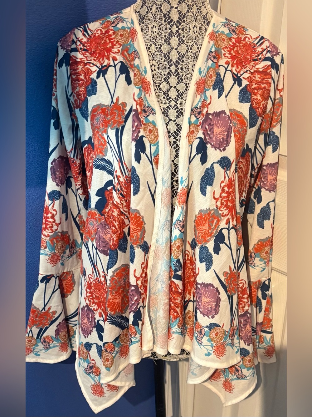 Jealous Tomato Cream Floral Cardigan with Coral, Blue and Purple Blooms